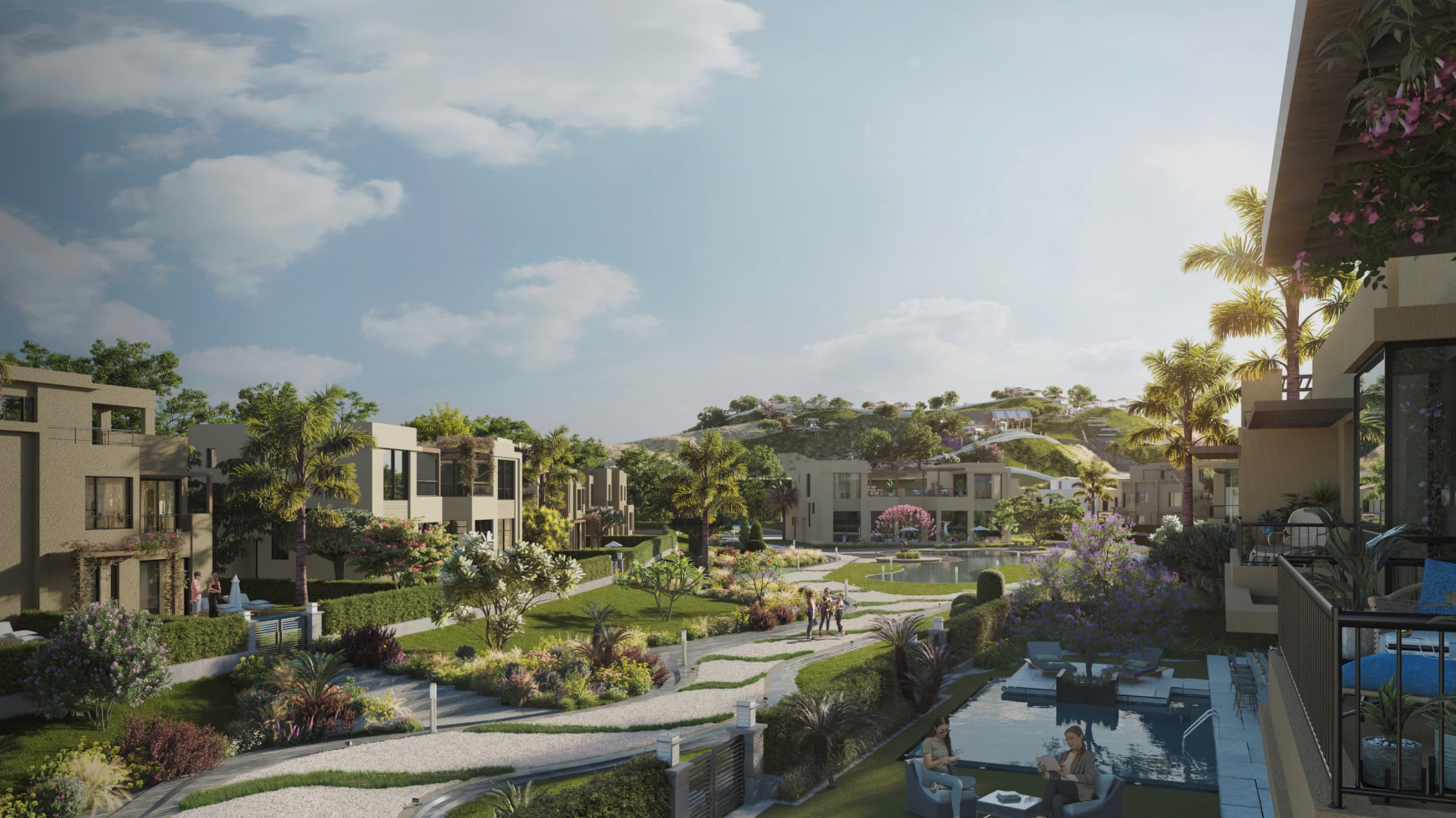 A landscaped compound in Egypt, houses set among gardens and water